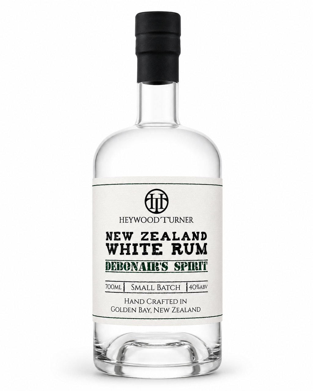 A bottle of premium white rum centered on a clean, minimalist white background.
